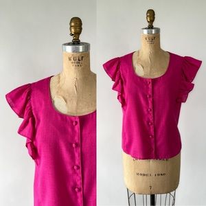 Vintage 1980s Hot Pink Flutter Sleeve Ruffled Pinafore Button Front Blouse S M